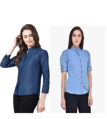 Womens Denim Solid Shirt Buy 1 Get 1 Free Navy Blue